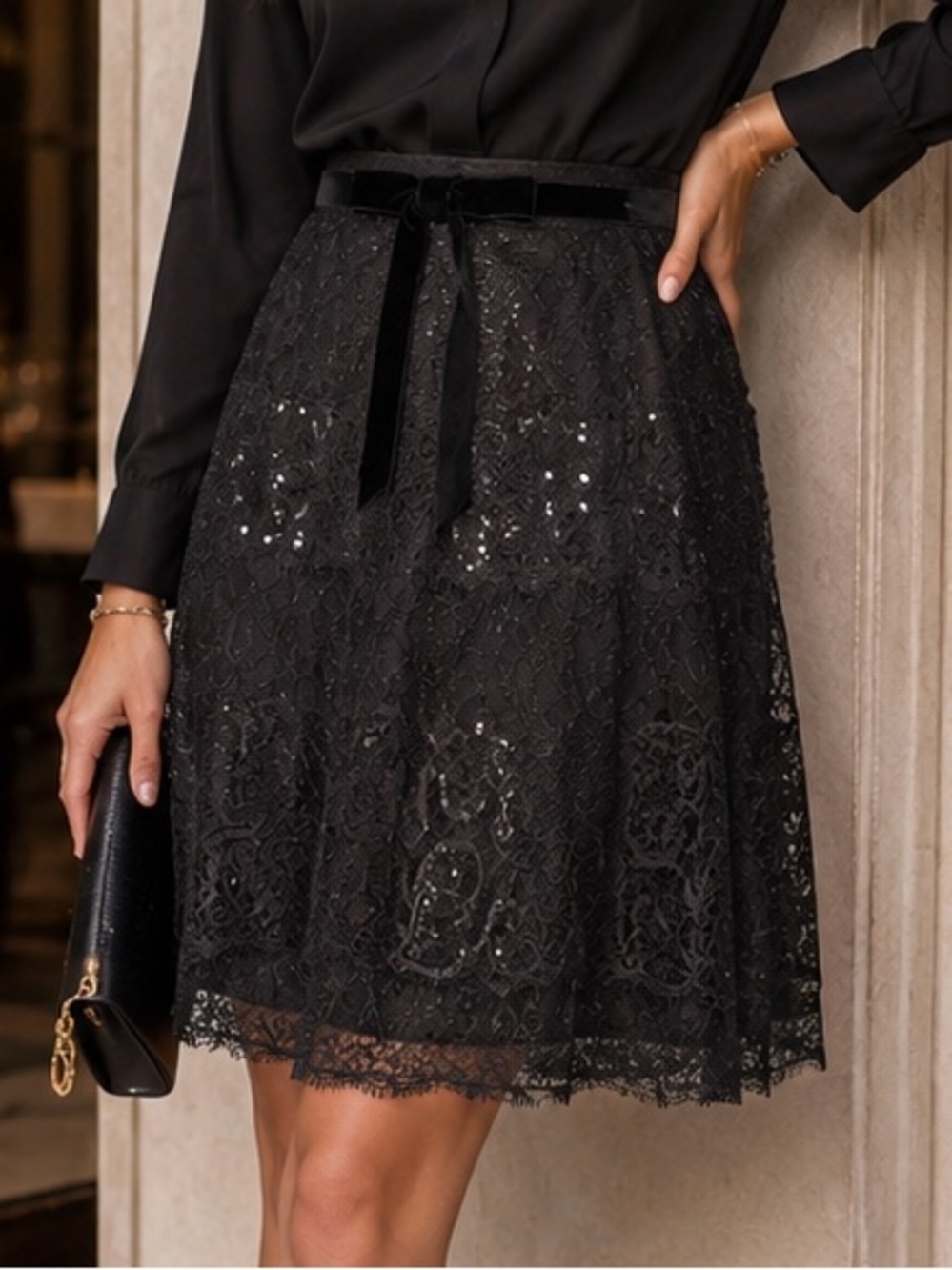 Ann Taylor Black Lace A-Line Skirt with Velvet Waist Tie